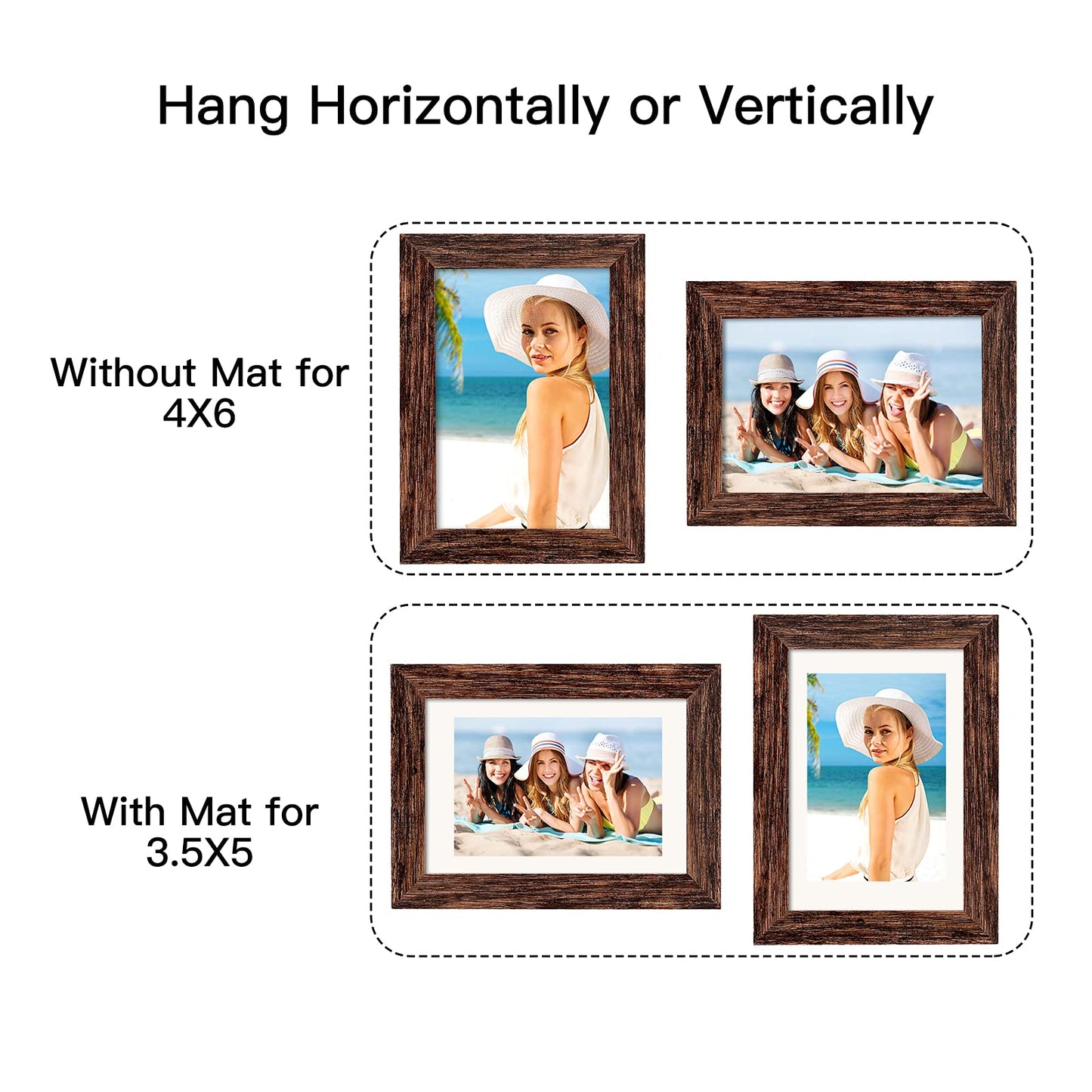 4x6 Picture Frame Distressed Farmhouse Wood Pattern Set of 4 with Tempered Glass,Display 3.5x5 with Mat or 4x6 Without Mat,Multicolour