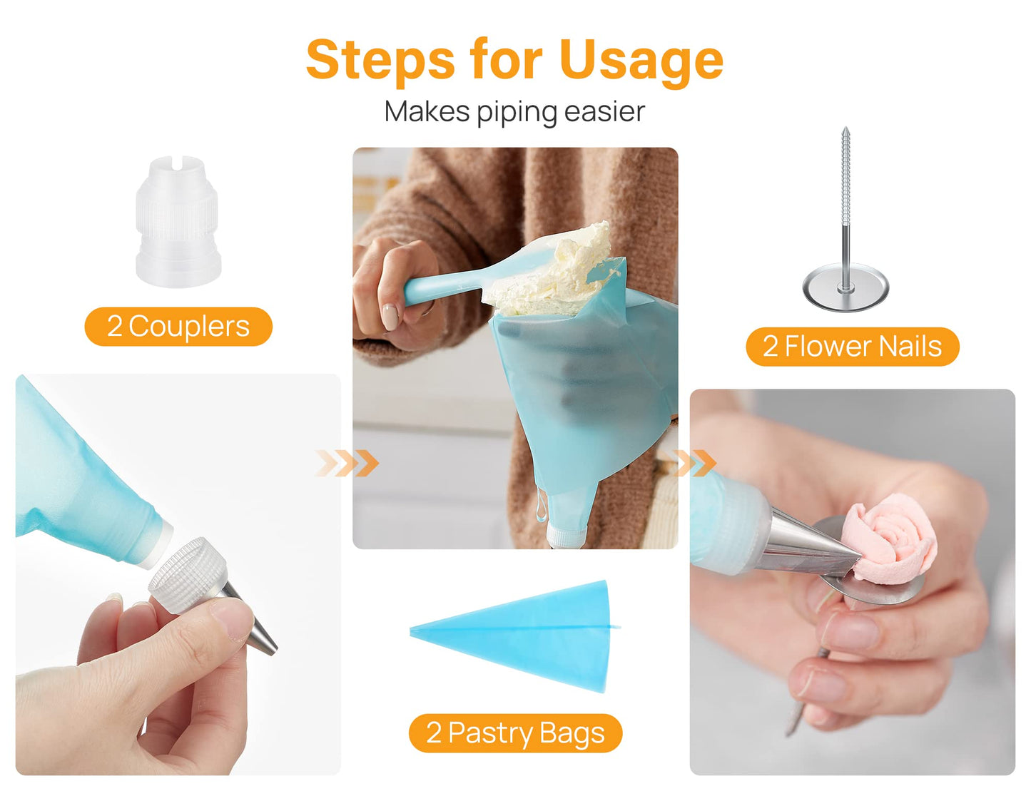 42pcs Piping Bags and Tips Set, Cake Decorating Supplies Kits for Baking with 36 Numbered Frosting Icing Tips, 2 Reusable Pastry Bags, Easy Carry Storage Box and Other Baking Tools