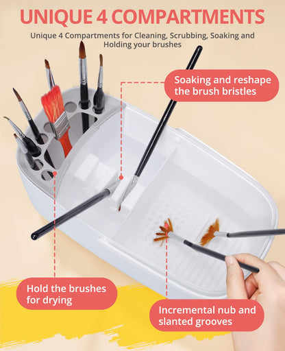 Paint Brush Cleaner - Paint Brush Holder with Palette and Handle,Rinser for Acrylic, Watercolor, and Water-Based Paints, Painting Art Supply Storage Organizer (White+Grey)