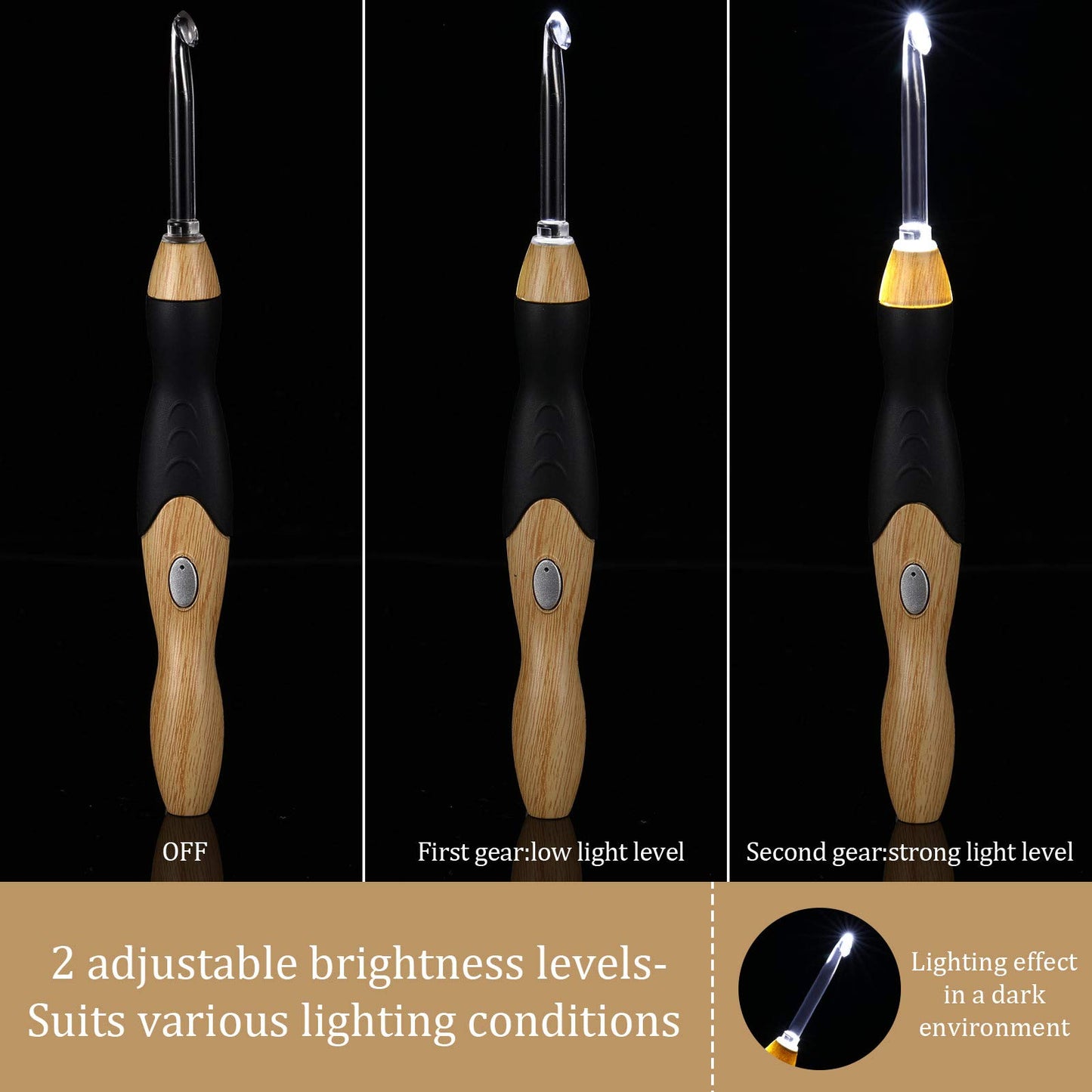 11 Sizes Lighted Crochet Hooks Set Rechargeable Crochet Hook Light Up Hooks with Case, Interchangeable Heads 2.5 mm to 8 mm for DIY Craft Supplies(Wood Color-Black)
