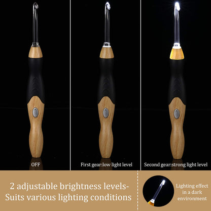 11 Sizes Lighted Crochet Hooks Set Rechargeable Crochet Hook Light Up Hooks with Case, Interchangeable Heads 2.5 mm to 8 mm for DIY Craft Supplies(Wood Color-Black)