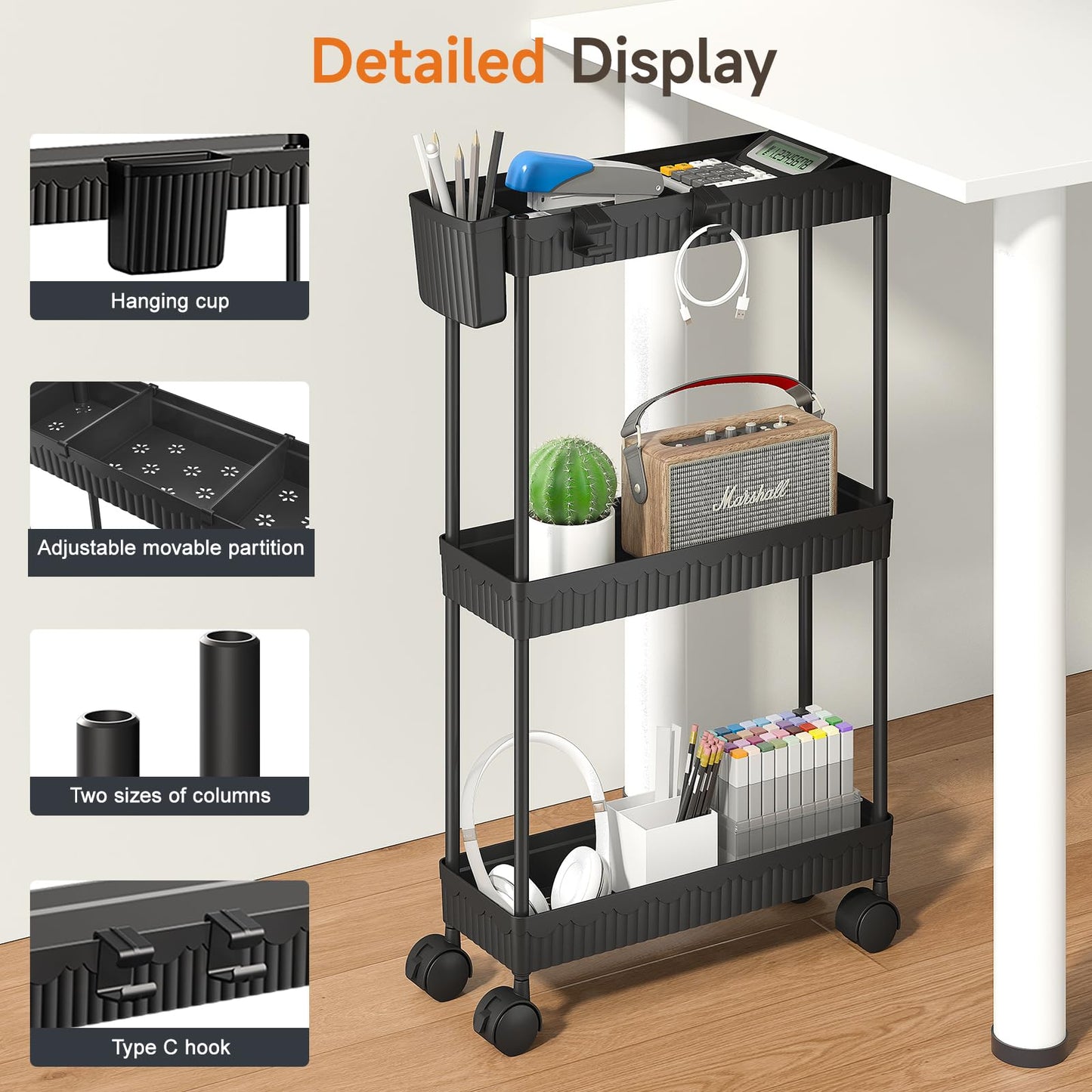 2-Pack Slim Storage Rolling Cart with Wheels, 3 Tier Utility Carts Bathroom Organizers and Storage, for Kitchen Narrow Place, Freely Combined into 3/4/5/6 Tier Shelves (Black, 3 Tier)