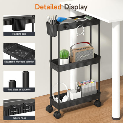 2-Pack Slim Storage Rolling Cart with Wheels, 3 Tier Utility Carts Bathroom Organizers and Storage, for Kitchen Narrow Place, Freely Combined into 3/4/5/6 Tier Shelves (Black, 3 Tier)