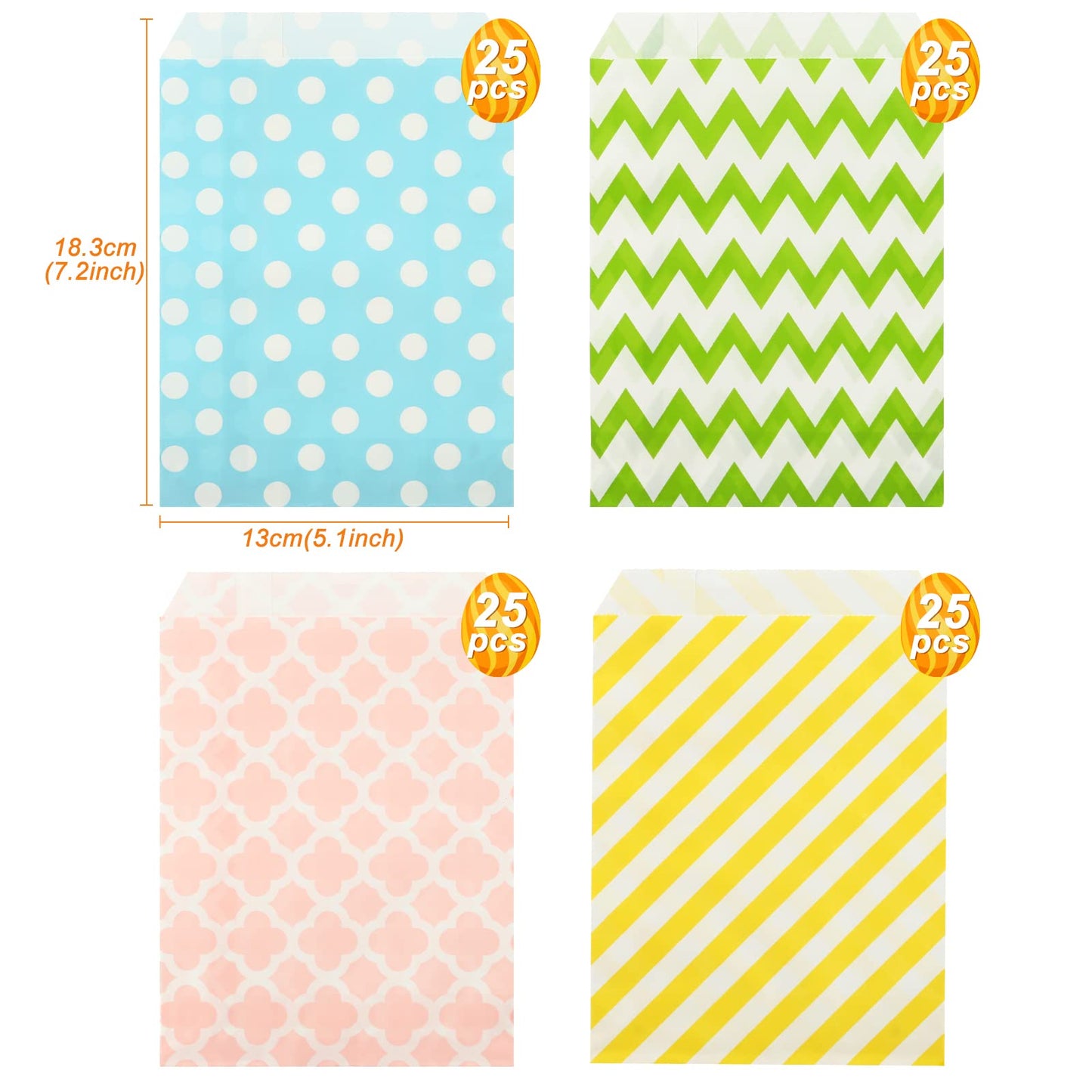 100 Pack Pastel Cookie Candy Buffet Easter Bags, 5x7 Small Paper Bags for Easter Birthday Holiday Party Favor Supplies, Green Yellow Blue Pink