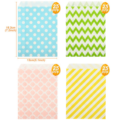 100 Pack Pastel Cookie Candy Buffet Easter Bags, 5x7 Small Paper Bags for Easter Birthday Holiday Party Favor Supplies, Green Yellow Blue Pink
