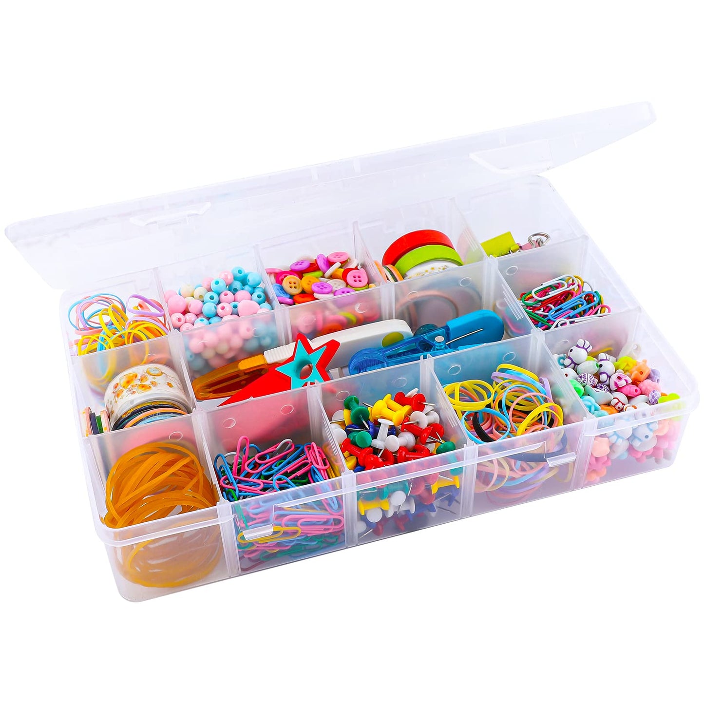 15 Large Grids Plastic Organizer Box with Dividers, Exptolii Clear Compartment Container Storage for Washi Tapes Beads Crafts Jewelry Fishing Tackles, Size 11 x 6.3 x 2.2 in