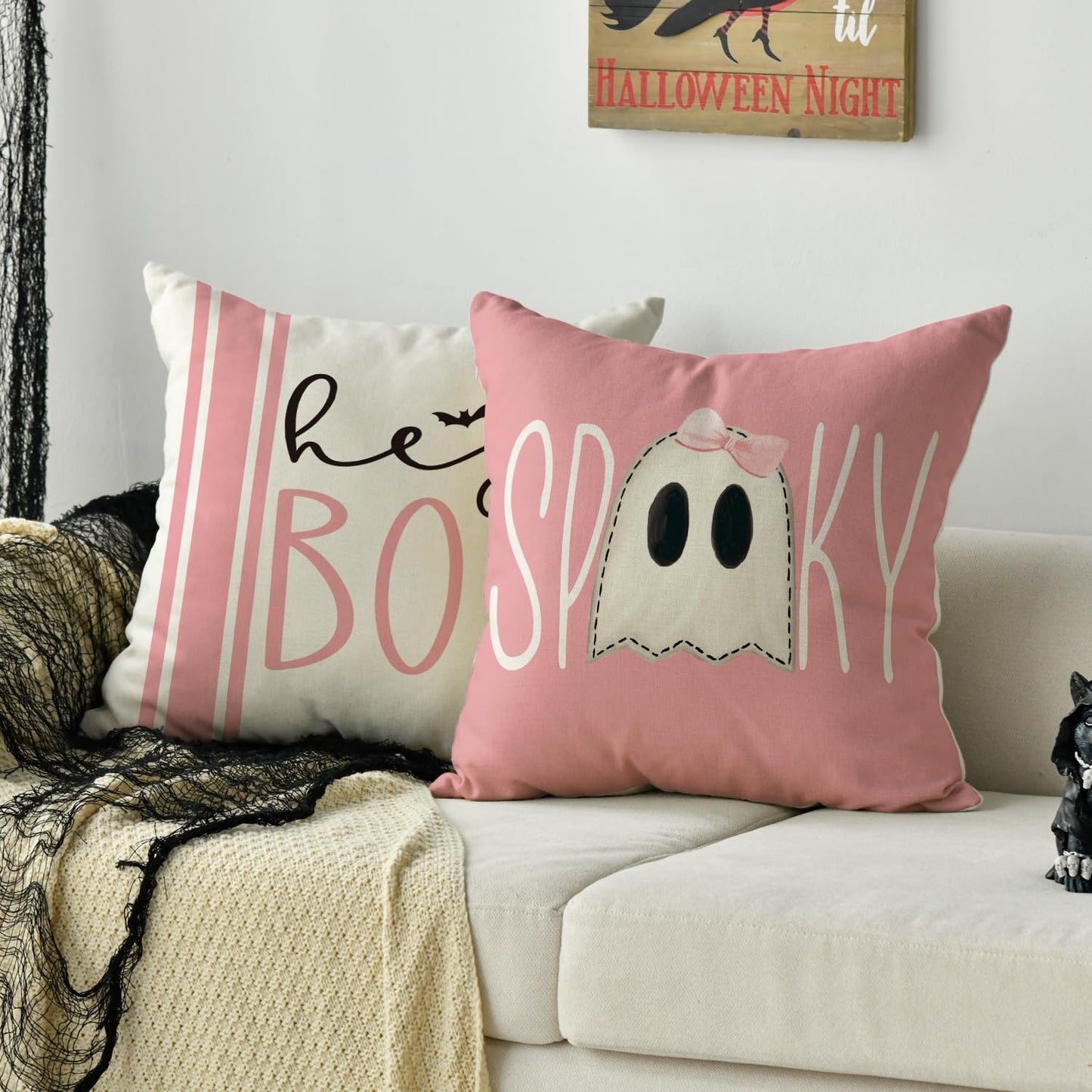 Halloween Hey Boo Cute Ghost Spooky Pink Throw Pillow Covers, 18 x 18 Inch Horror Scary Cushion Case for Sofa Couch Set of 4