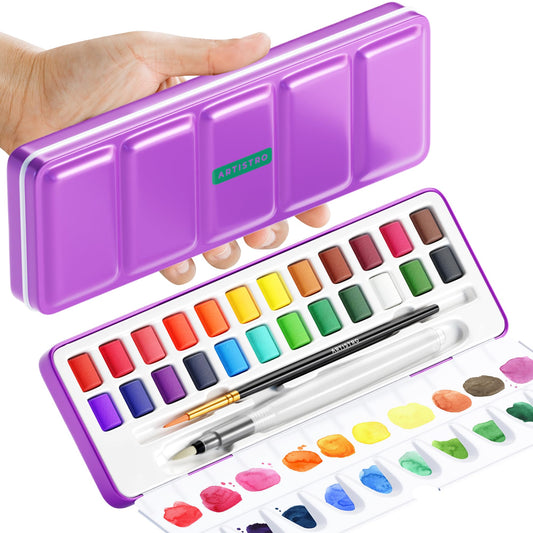 Watercolor Paint Set 24 Colors, Travel Watercolor Set in Portable Box, Water Color Paint Sets for Kids, Mini Water Colors Paint Adult Set for Artists, Beginners, Amateur Hobbyists
