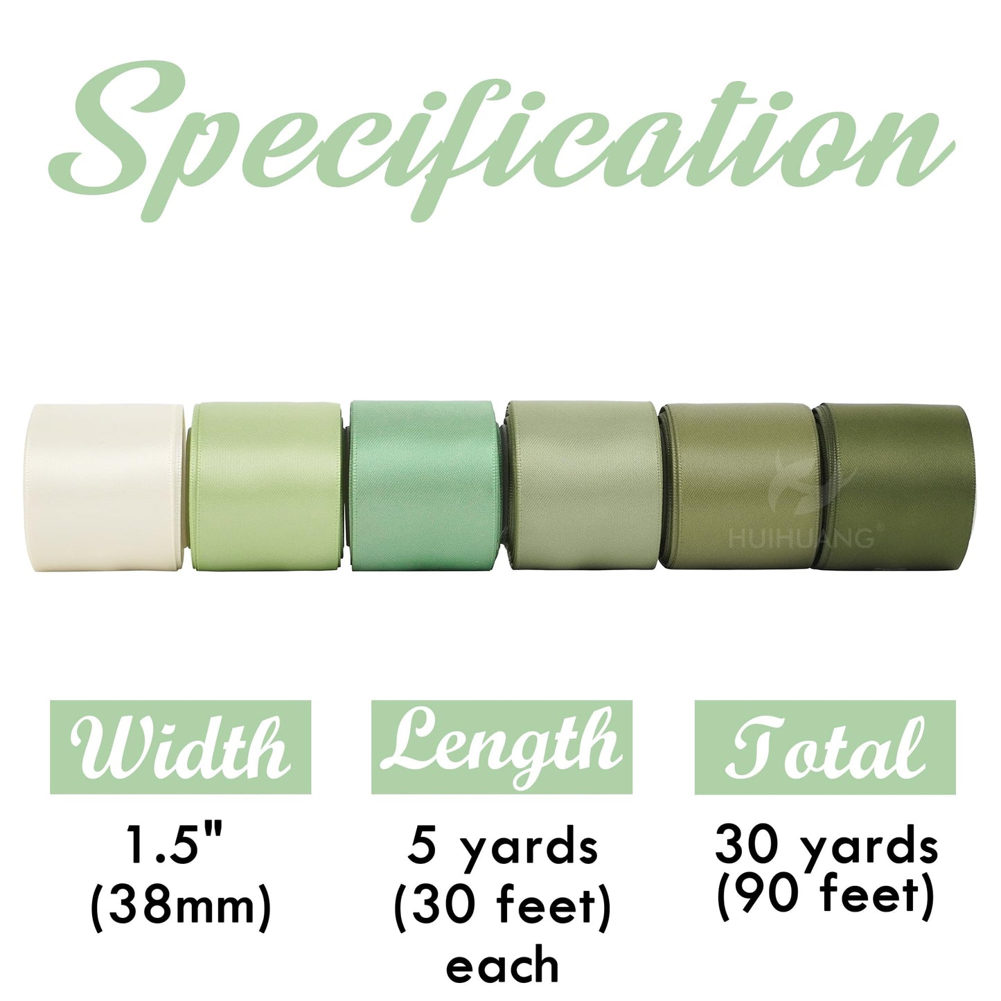 Green Satin Ribbon 1-1/2 inch Ivory/Sage Green/Dusty Sage/Moss Green Double Face Satin Ribbons for Flower Bouquet, Gift Wrapping, Bows, Crafts, Eternal Rose- Total 30 Yards