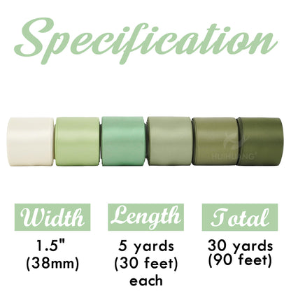 Green Satin Ribbon 1-1/2 inch Ivory/Sage Green/Dusty Sage/Moss Green Double Face Satin Ribbons for Flower Bouquet, Gift Wrapping, Bows, Crafts, Eternal Rose- Total 30 Yards