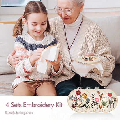 Embroidery Kit, 4 Sets Cross Stitch Kits for Beginners with Stamped Flower Pattern, Starter Kits for Adults Hand Craft Lover with Embroidery Hoop, Instructions and Threads