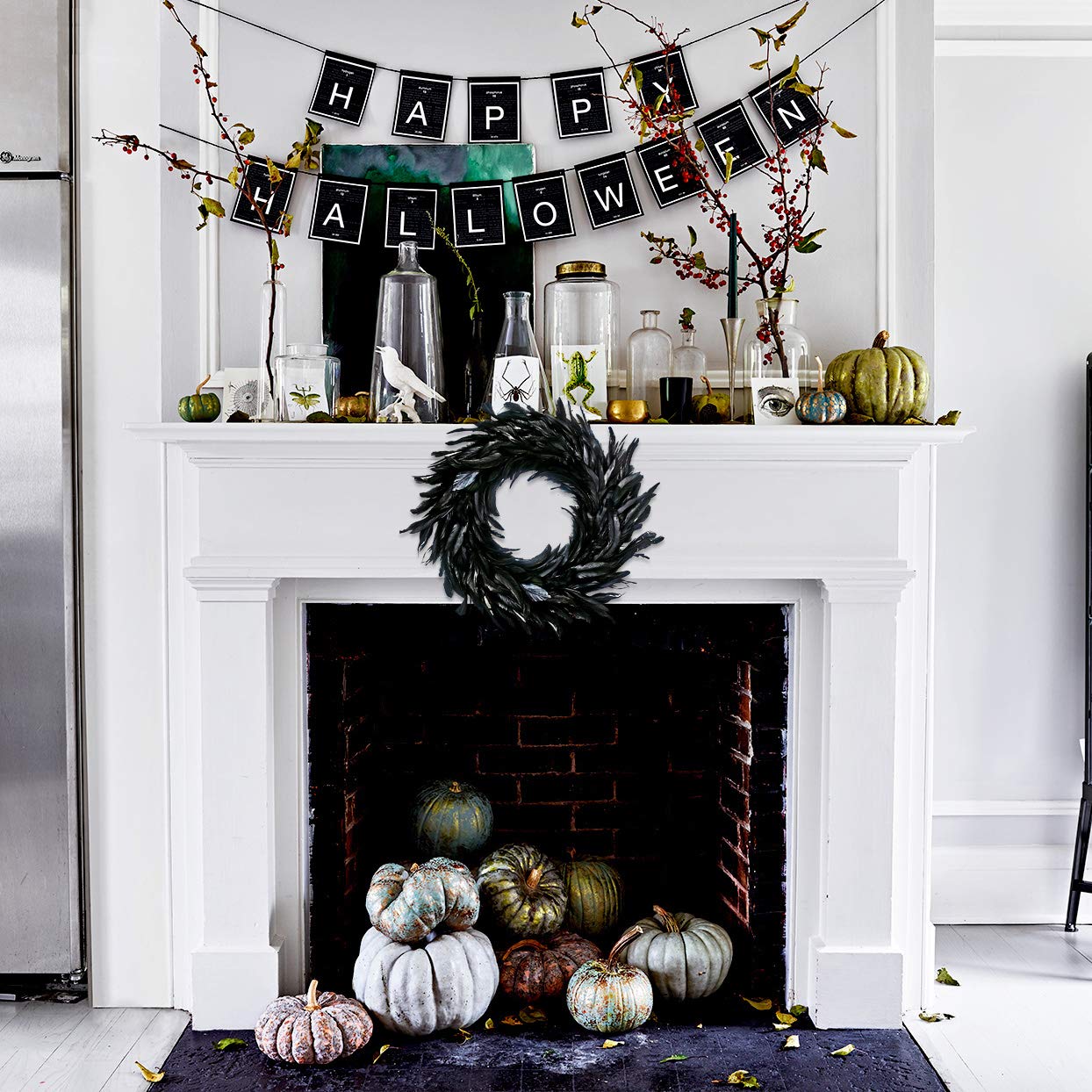 Black Feather Wreath - 14.9'' Natural Cocktail Feather Wreath, Halloween Photo Props, Front Door Decor Witch Spooky Scene Party Decorations