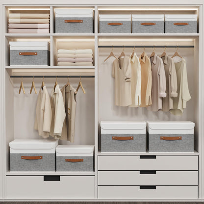 Storage Boxes with Lids, Linen Fabric Bin, Cube Organizer Basket, Washable and Leather Handle, for Home, Closet, White/Grey, 15.0''Lx9.8''Wx9.8''H, 1-Pack, USNK024WGL-1
