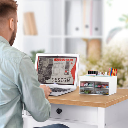 Desktop Organizer with Drawer, Accessories Stationary Organizer Desk Caddy, Pen/Pencil/Business Card/Sticky Note Tray/Paperclip Holder Storage Box (White)