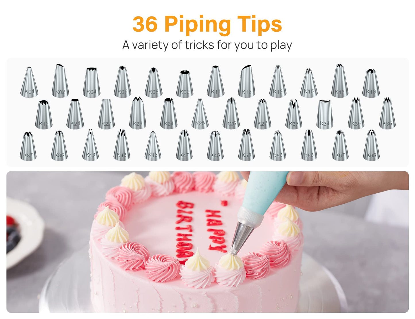 42pcs Piping Bags and Tips Set, Cake Decorating Supplies Kits for Baking with 36 Numbered Frosting Icing Tips, 2 Reusable Pastry Bags, Easy Carry Storage Box and Other Baking Tools