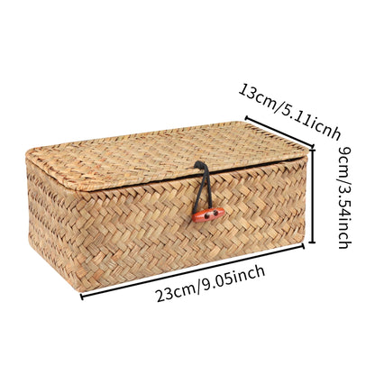 Wicker Shelf Baskets with Lid,Handwoven Seagrass Basket for Storage Basket Bins Rectangular Home Organizer Gift Boxes (Natural Small)