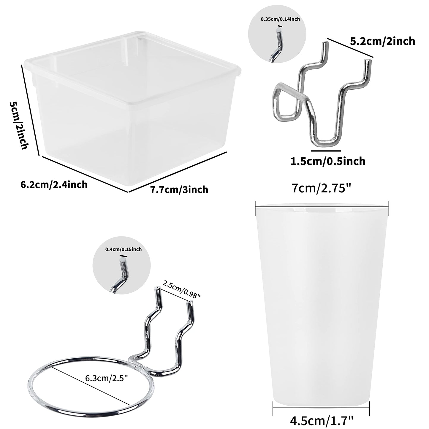 6 Sets Pegboard Bins and Cups with Pegboard Hooks, Pegboard Accessories Baskets, Hooks for Pegboard Cup Holder for Organizing Craft Tools Storage Garage Office Workbench Transparent