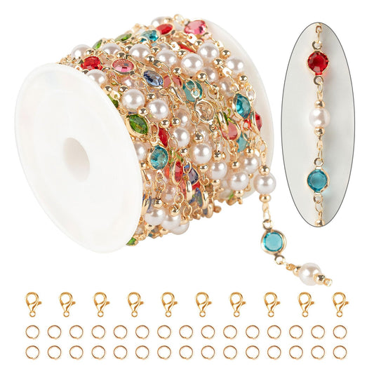 3 Meters Pearl Chains for Jewelry Making, Mixed Color Rhinestone Beaded Chains Bulk with Jump Rings and Lobster Clasps for Crafts DIY Supply Findings