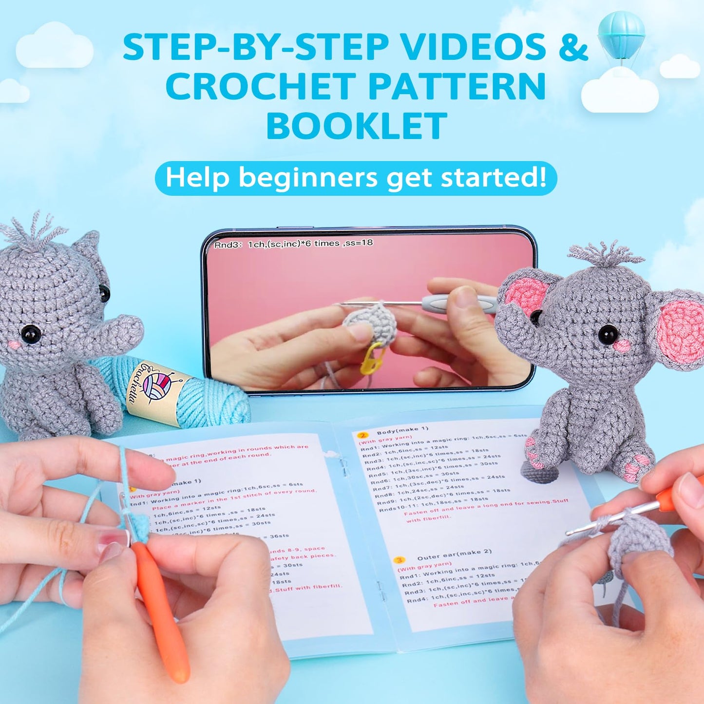 Crochet Kit for Beginners, Beginner Crochet Starter Kit with Step-by-Step Video Tutorials, Learn to Crochet Kits for Adults Kids, DIY Knitting Supplies, 2 Pack Elephant Family (40%+ Yarn)