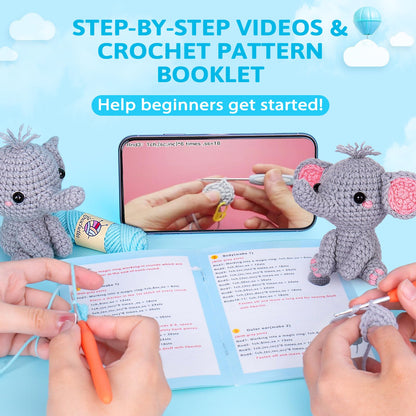 Crochet Kit for Beginners, Beginner Crochet Starter Kit with Step-by-Step Video Tutorials, Learn to Crochet Kits for Adults Kids, DIY Knitting Supplies, 2 Pack Elephant Family (40%+ Yarn)