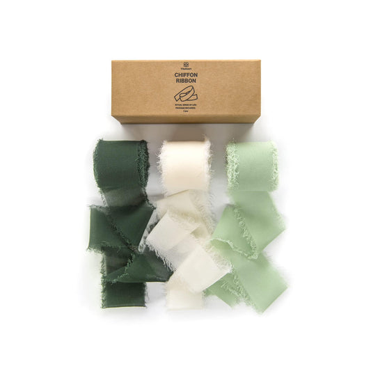 Handmade Chiffon Silk Ribbon Fringe Green & Cream 1.5" x 21 Yd Frayed Edges Ribbons for Wedding Invitations Bridal Bouquets Gifts Wrapping Crafts Holiday Party Decorations