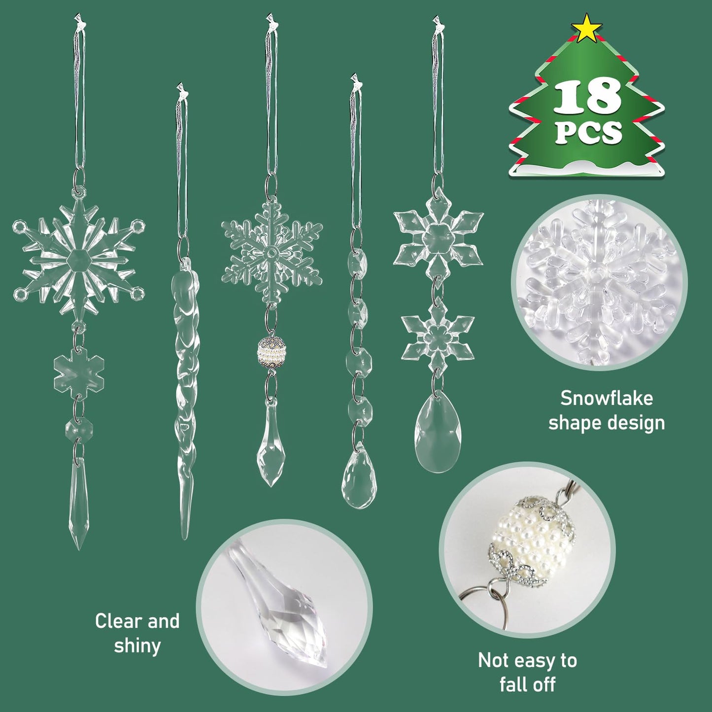 18Pcs Christmas Tree Decoration Crystal Ornaments,Christmas Hanging Snowflakes Decorations Acrylic Icicle Crystal Ornaments for Christmas Tree Winter New Year Party Decor Supplies