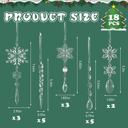 18Pcs Christmas Tree Decoration Crystal Ornaments,Christmas Hanging Snowflakes Decorations Acrylic Icicle Crystal Ornaments for Christmas Tree Winter New Year Party Decor Supplies