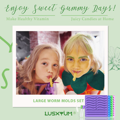 Gummy Worm Molds Silicone 6ML 14ML, 4PCS Non-Stick Silicone Large Worm Molds for Chocolate Gummy Candy 60 Cavity with 2 Droppers & Brush, Ideal Gift for Kids Adult Halloween Party