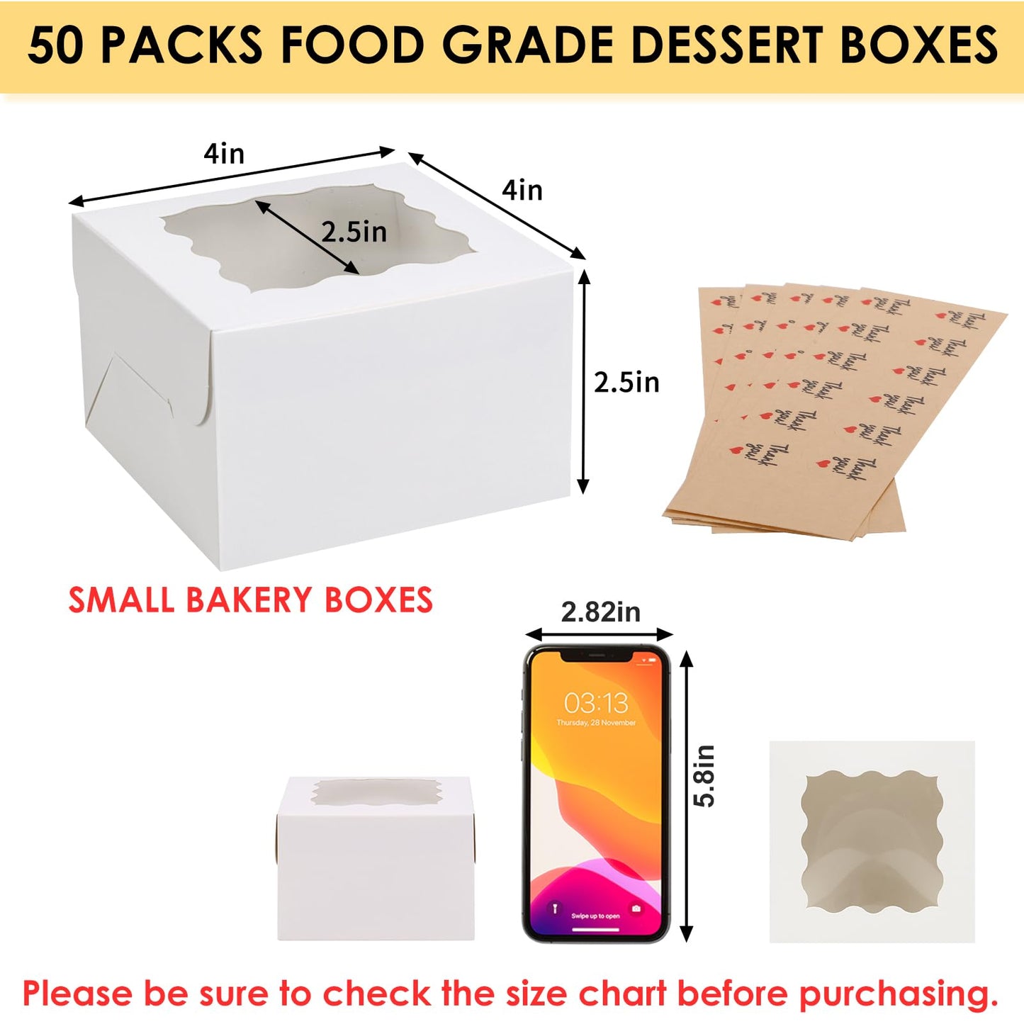 50pcs White Cookie Boxes with Window, 4x4x2.5 Inches Bakery Boxes with 5pcs Stickers for Small Cookies, Treats, Desserts, Chocolate Covered Strawberries, Mini Cake