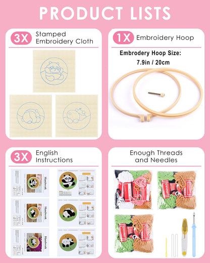 3 Sets Punch Needle Embroidery Kits, Panda Punch Needle Kits for Adults Beginner, Tool with Punch Needle Fabric, Hoops, Yarns and Sewing Needles
