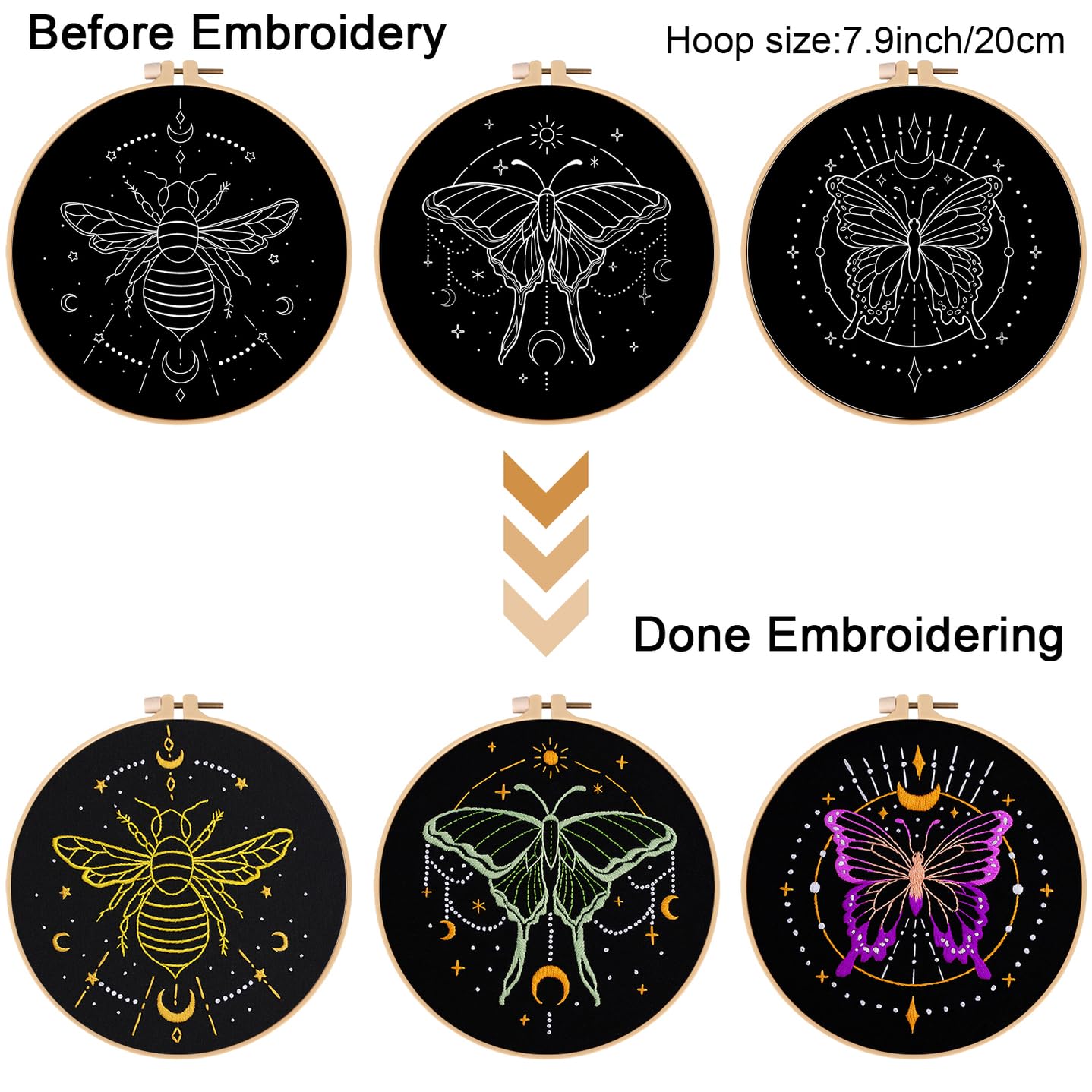 3 Sets Tarot Embroidery Kits for Beginners,Cross Stitch Kit for Adults,Crewel Starters Needlepoint with Moon, Butterfly, Bee and Moth Pattern and Tool
