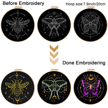 3 Sets Tarot Embroidery Kits for Beginners,Cross Stitch Kit for Adults,Crewel Starters Needlepoint with Moon, Butterfly, Bee and Moth Pattern and Tool
