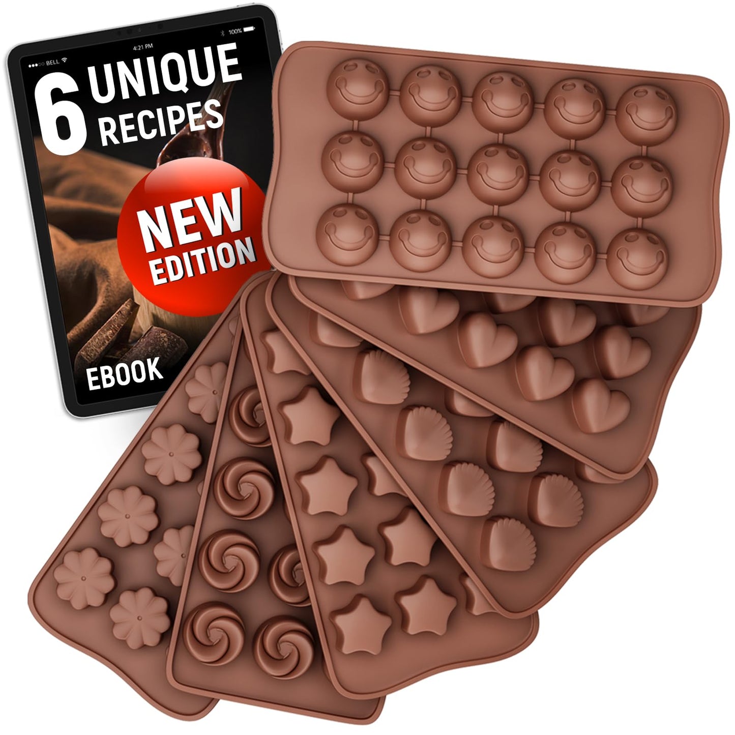 Chocolate Molds Silicone - Set of 6 (with Free Recipes eBook) - Non-Stick & Food Grade Candy Molds for Chocolate, Jelly Candies, Truffles, Bath Melts & Candles - Dishwasher Safe