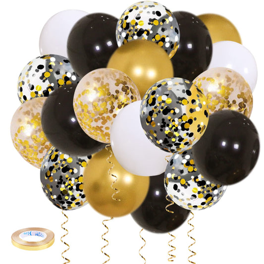 Black Gold Confetti Balloons 50 pack - 12 Inch Gold White and Black Confetti Balloons with Ribbons for Graduation Birthday Wedding Party Decorations