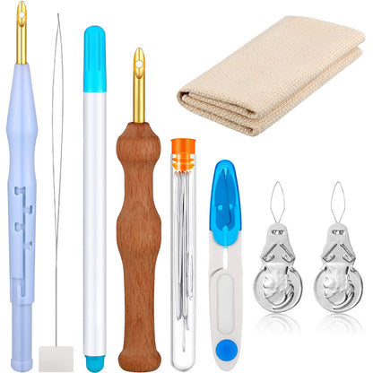 Punch Needle Kit Adjustable Punch Needle Tool Include Wooden Handle Embroidery Pen Cloth Large Eye Sewing Needles for Beginners Adults DIY Craft Gifts(Blue, Sky Blue)