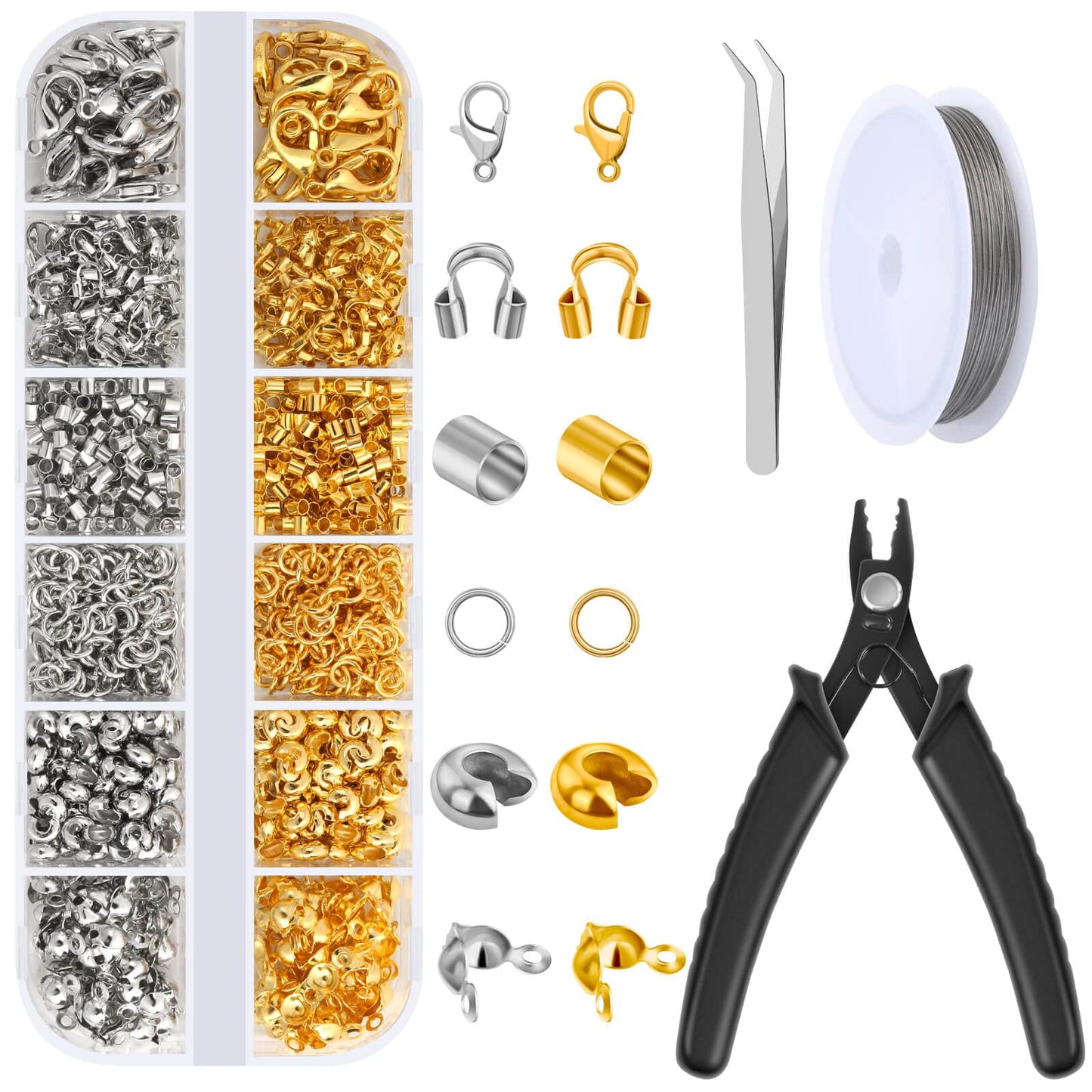 1200 Pcs Crimp Beads Kit for Jewelry Making,   Crimp Beads, Crimp Covers, Crimp Tubes and Wire Guardians, Lobster Clasps, Jump Rings, Crimping Pliers and Beading Wire for Jewelry Making