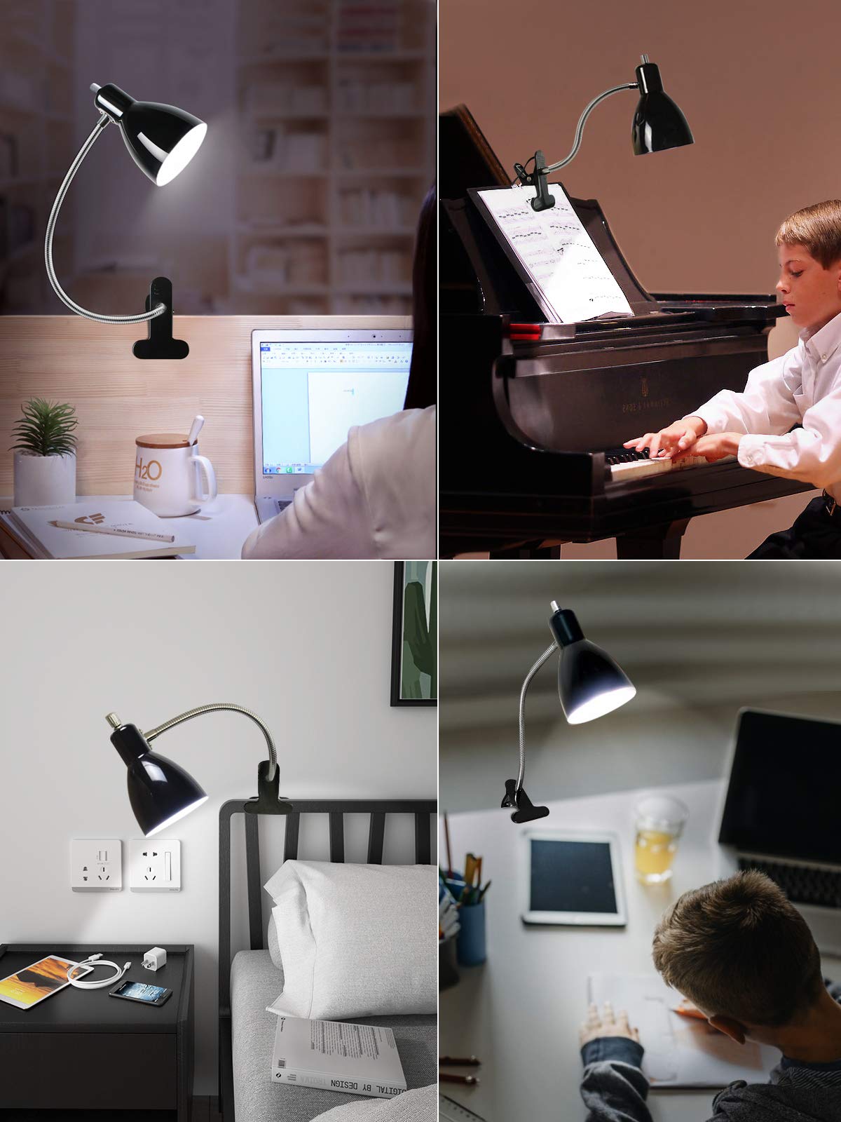Desk lamp Eye-Caring Table Lamps, 360°Rotation Gooseneck Clip on Lamp Reading Light Portable Reading Book Light Clamp Study Desk Lamps for Bedroom and Office Home Lighting (Black)