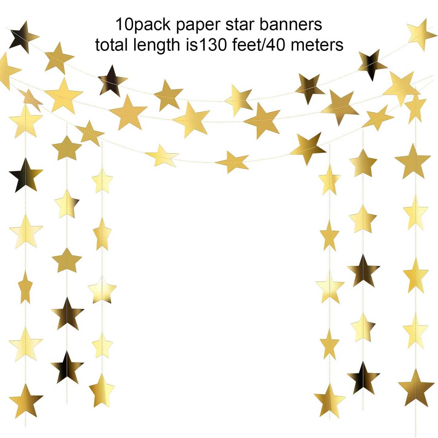 Glitter Star Garland Banner Decor, 130 Feet Star Hanging Bunting Banner Bright Backdrop for 2025 Graduation Prom Wedding Birthday Christmas Party Supplies(Gold)