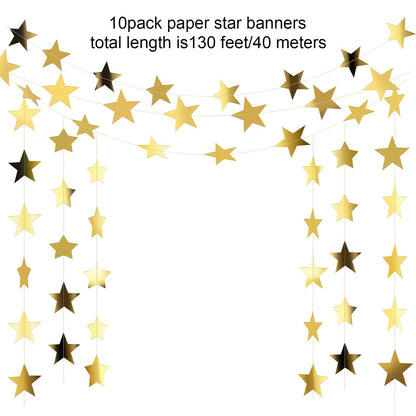 Glitter Star Garland Banner Decor, 130 Feet Star Hanging Bunting Banner Bright Backdrop for 2025 Graduation Prom Wedding Birthday Christmas Party Supplies(Gold)