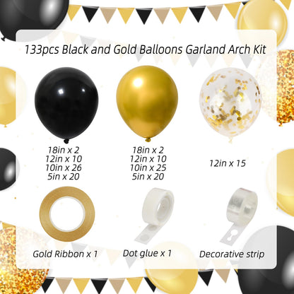 130pcs Black and Gold Balloons, Black Metal Gold and Metallic Confetti Gold Balloons for 2025 Graduation Class Decorations Retiremen Party Baby Shower Wedding Birthday Anniversary