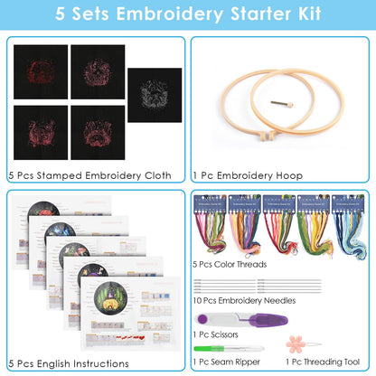 5 Sets Embroidery Kit for Beginners, Art Craft Handy Sewing Set Mushroom Cross Stitch Starter Kits, DIY Embroidery Kits with Patterns and Instructions Hoops Needles Threads