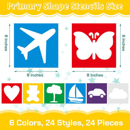 24 Pieces Stencils for Kids 8 Inches Drawing Stencils Chalk Template Large Washable Geometric and Garden Themed Primary Shape Template for Kids Toddlers Preschooler(Primary Style)