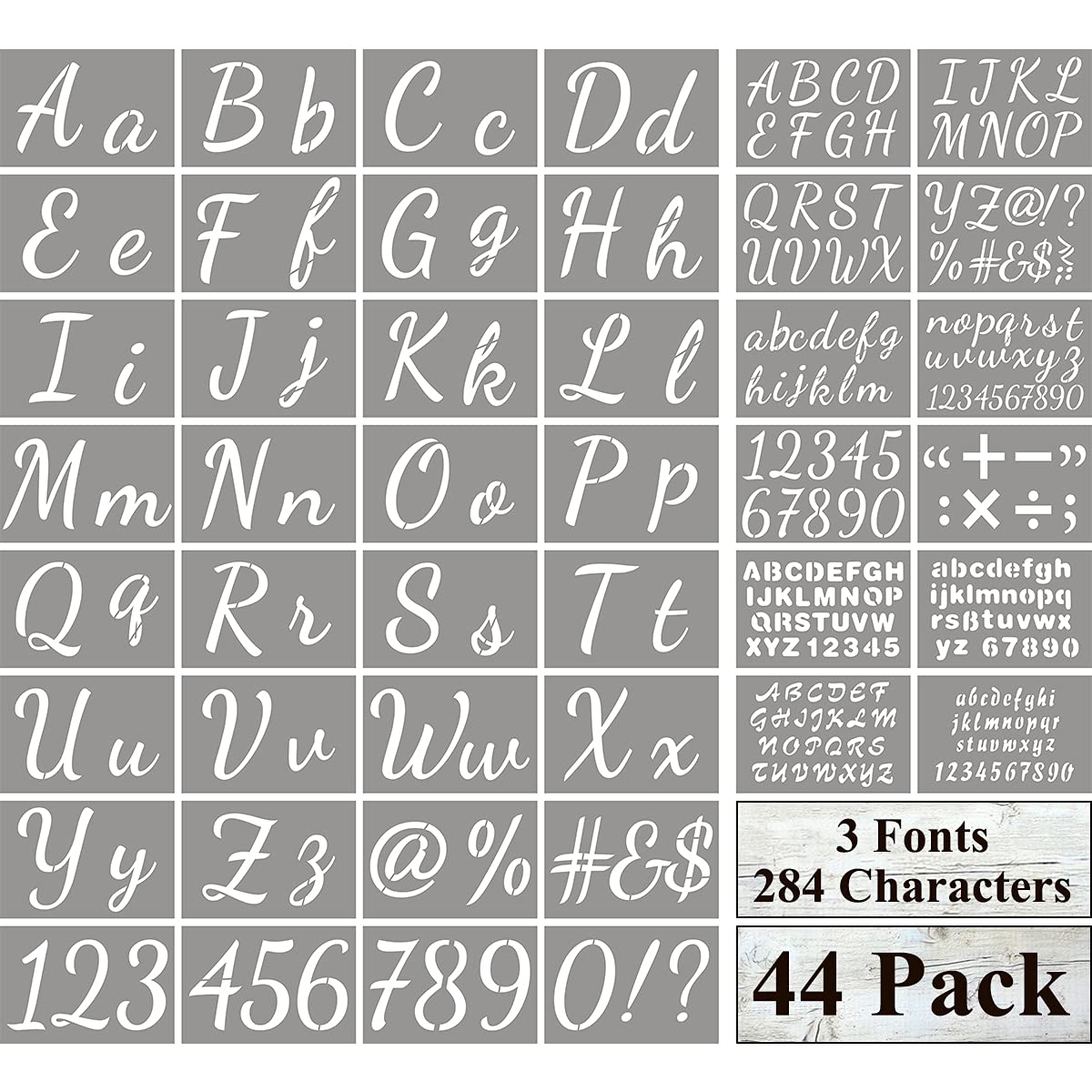 Large Letter Stencils for Painting on Wood - 44 Pack Alphabet Letter Number Stencil Templates with Signs, Reusable Plastic Stencils in 3 Fonts and 284 Designs for Chalkboard Fabric Wood Signs
