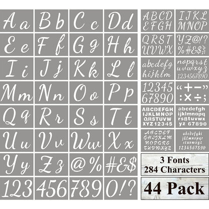 Large Letter Stencils for Painting on Wood - 44 Pack Alphabet Letter Number Stencil Templates with Signs, Reusable Plastic Stencils in 3 Fonts and 284 Designs for Chalkboard Fabric Wood Signs