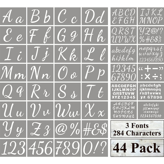 Large Letter Stencils for Painting on Wood - 44 Pack Alphabet Letter Number Stencil Templates with Signs, Reusable Plastic Stencils in 3 Fonts and 284 Designs for Chalkboard Fabric Wood Signs