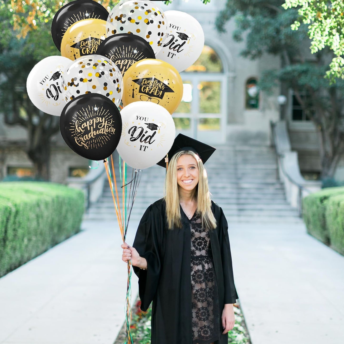 75 Pack Graduation Party Decorations Balloons Set - 12 Inch Black Gold Balloons with Balloon Ribbons for Graduation Party Decoration Supplies