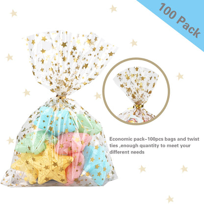 100 Pcs Star Printed 5"X 7" Gift Wrap Cello Cellophane Treat Bags Party Favor bags Clear Candy Cookie Bags Plastic Poly Goodie Storage Bags with Twist Ties for Bakery,Birthday, Wedding ,Party Decorations (Gold)
