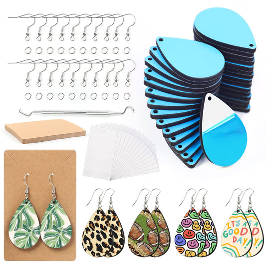 Sublimation Earring Blanks Bulk - 30 Pcs Wood Earrings Blanks with Blue Protective Film - Unfinished MDF Teardrop Earrings for Sublimation Printing with Template, Weeder, Hooks, Jump Rings