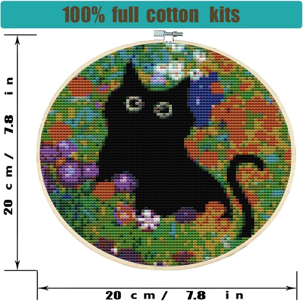 4 Pack Stamped Cross Stitch Kits with Frame - Black Cat Flower Starry Sky Moon Embroidery Kits for Beginners Adults,11 CT Patterns Dimensions Counted Cross Stitch Kits Arts Craft Kits 7.8 x 7.8 inch