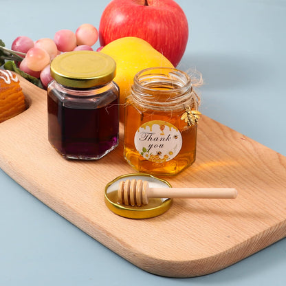 3 Ounce Hexagonal Mini Glass Honey Jar with Wooden Dips, 30 Honey Jars with Gold Lid, Bee Pendant, Jute, 35 Bees Stickers, Great for Baby Showers, Party Gifts, Wedding Gifts